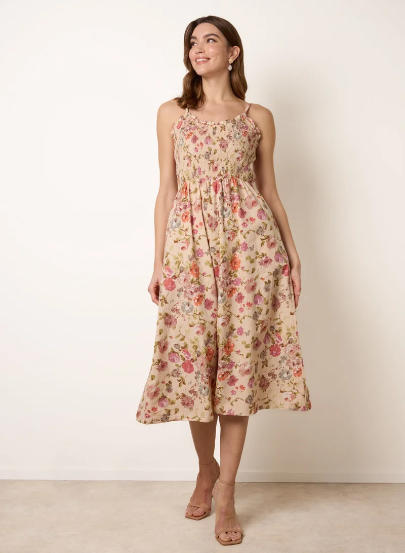 Blue Vanilla Floral Shirred Strappy Midi Dress